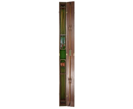 A CASED ALDRED LONGBOW WITH TWO SETS OF ARROWS, LATE 19TH/EARLY 20TH CENTURY the bow of yew, with 27# draw weight, horn nocks