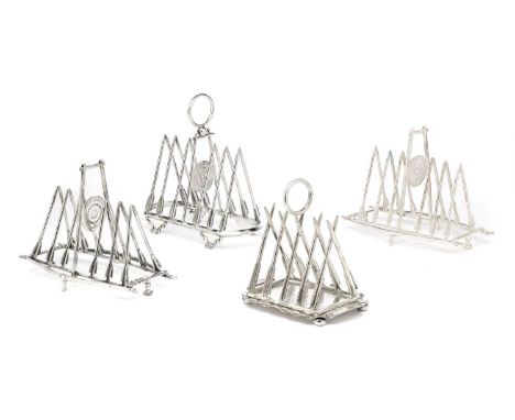 A PAIR OF VICTORIAN ELECTROPLATE NOVELTY ‘ARCHERY’ TOAST RACKS,  PROBABLY SHEFFIELD OR BIRMINGHAM, CIRCA 1875each of six bars