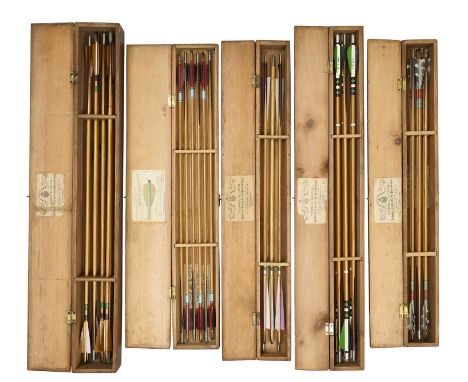 FIVE CASES OF ALDRED ARROWS, 19TH-20TH CENTURY the first case with six arrows marked 'M.A.P' painted blue with red and gold b