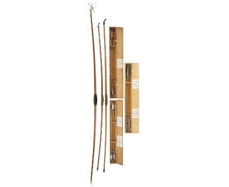 THREE BOWS BY D.D.NEWBOLD, AND THREE BOXES OF ALDRED ARROWS, LATE 19TH/EARLY 20TH CENTURY the first of laminated lancewood, 3