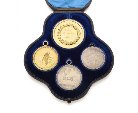 FOUR CASED ARCHERY MEDALS AWARDED TO THEODORE FORBES LEITH MD, 1793 the first gold plated, the front inscribed 'Non Prastanti
