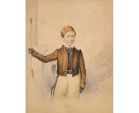 BRITISH SCHOOL (19TH CENTURY) PORTRAIT OF A YOUNG SETH WILLIAM STEVENSON HOLDING A BOWsigned and dated HB Love 1828 centre le