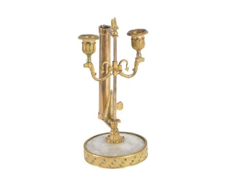 An Empire Palais-Royal ormolu and mother-of-pearl mounted twin light candelabrum, early 19th century, the foliate cast urn so