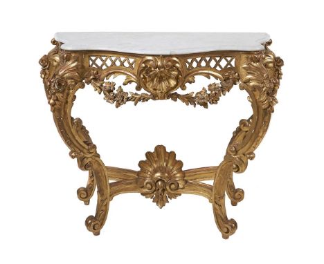 A giltwood console table in Louis XVI style, late 19th century, the white marble top above a pierced frieze and scroll suppor