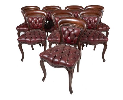 A set of eight Victorian mahogany and leather upholstered dining chairs, circa 1860, with button upholstered backs and seats 