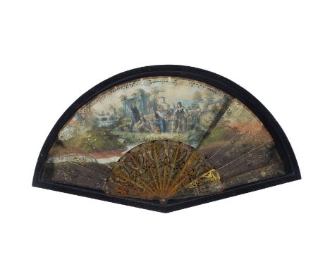 A Continental, probably French, paper and horn mounted fan, mid 19th century, the leaf printed and hand painted with a figura