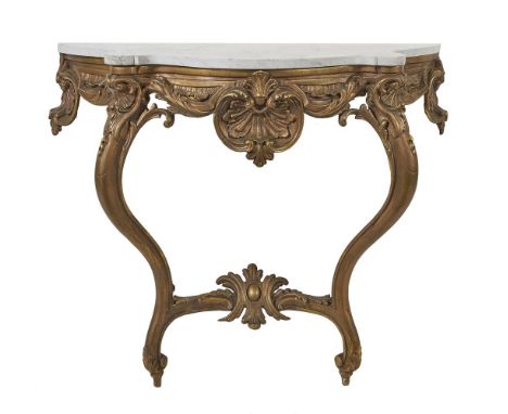 A giltwood console table in Louis XVI style, late 19th century, the white marble top above frieze and cabriole supports unite