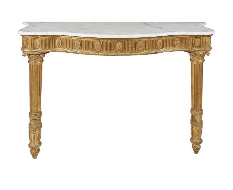 A giltwood console table in George III style, late 19th century, after the manner of Robert Adam, with a serpentine white mar