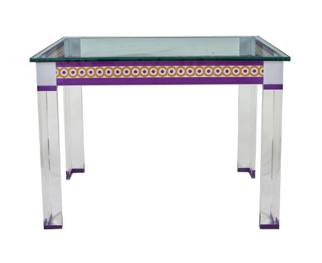 A Perspex and glass topped console table, late 20th century, the frieze with guilloche pattern in gilt and purple, 84cm high,