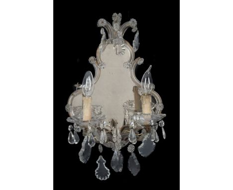 A pair of Italian, probably Venetian, cut and moulded glass twin light wall appliques in 18th century taste, late 20th centur