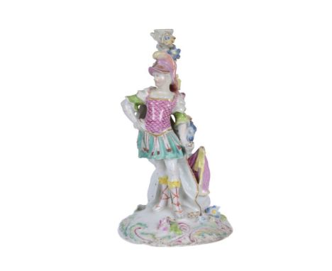 A Derby (dry-edge) candlestick figure of Mars, circa 1752-54, partially decorated with pale coloured enamels, 20cm high Prove