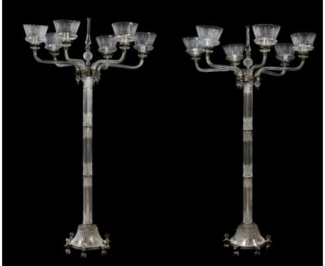 A pair of fine cut glass and silver plated metal mounted six light standard candelabra by F &amp; C Osler, late 19th/early 20