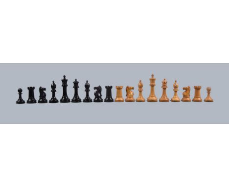 A fine late Victorian boxwood and ebonised Staunton pattern chess set, probably by F. H. Ayres, late 19th century, one rook a