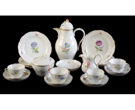 A Meissen (outside decorated) deutsche Blumen part coffee service, 20th century, moulded in relief with flowers and diaper C-
