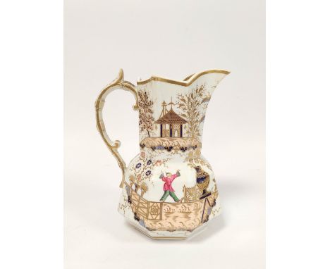 Early 19th century Chamberlain, Worcester hexagonal baluster jug, painted in polychrome &amp; gilt with Chinese figures in a 
