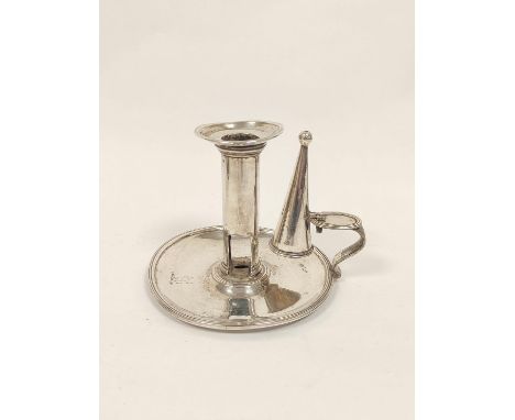 Silver chamber candlestick, circular with reeded edges, candle saver and snuffer by Peter and Anne Bateman 1799, 12cm diamete