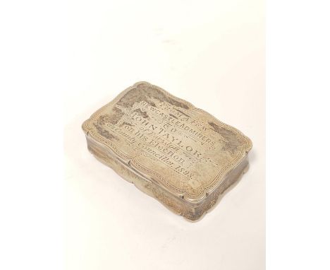 Silver rectangular snuff box 'Newcastle Admirers' `John Taylor 1898`, Birmingham 1892. 75mm x 49mm. 
