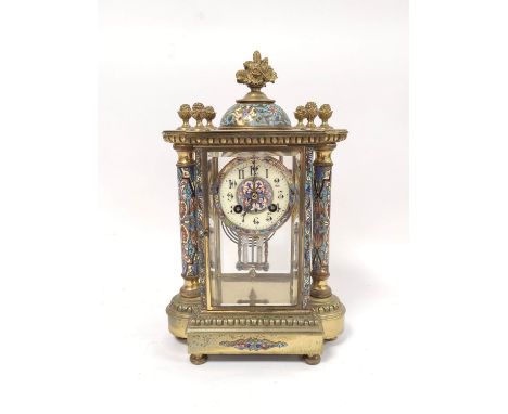 Late 19th century French gilt brass and champleve enamel four glass mantel clock, with flowerhead surmount and acorn finials 