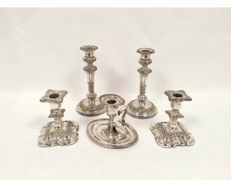 Pair of old Sheffield plated table candlesticks c1810, 21cm, and a pair of dwarf candlesticks, chamber candlestick and variou