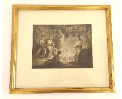 Artist Unknown, 19th Century. Continental soldiers around a camp fire. Sepia heightened with white. 17cm x 23cm. With a good 