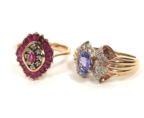 Ruby and diamond marquise ring in 9ct gold and a similar ring modelled as a bow '10k' 7g 