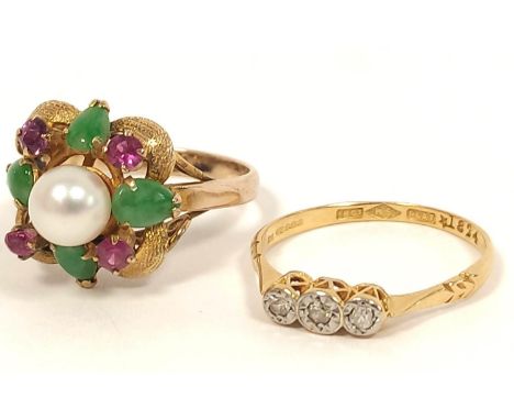 Jade pearl and ruby ring in gold '14k' and a three stone diamond ring '18ct platinum' (2) 