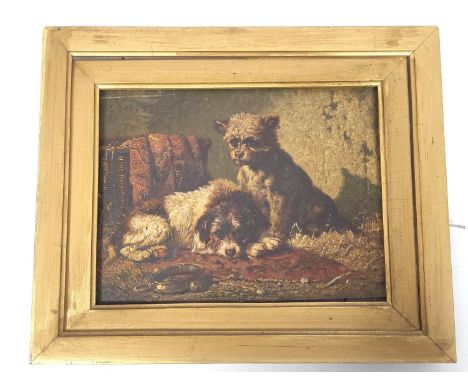 Vincent de Vos (Belgian, 1829-1875) Two terriers on an Eastern rug with basket and collar. Oil on panel. Signed "De Vos" uppe