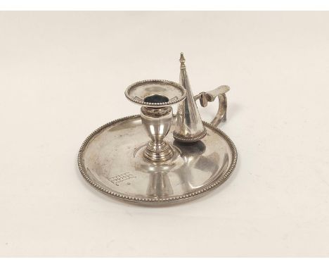Silver chamber candlestick, crested with circular beaded edges, with extinguisher, c1863, by Henry Chawner 1789, 14cm, 348g, 
