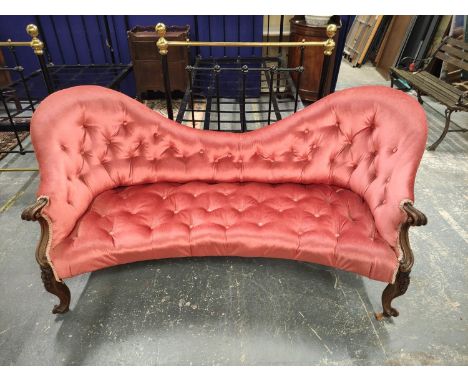 Victorian mahogany scroll end sofa, upholstered in later pink button back velour, with scroll arm rests, on shaped feet, 81cm