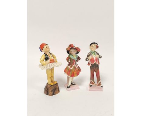 Royal Worcester figure representative of Greece by F G Doughty, Number 3069, 15cm high, with two Royal Doulton figures of Pea