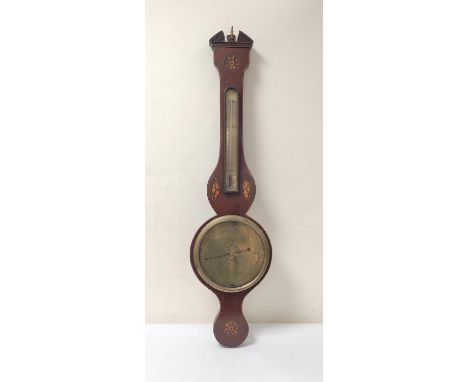 George III inlaid mahogany wheel barometer with thermometer guage, named Schianetti - Newcastle to the brass dial, inlaid wit