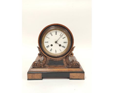Late 19th century French drumhead figured walnut mantel clock the clock raised on repousse surmounts, twin train movement, 26