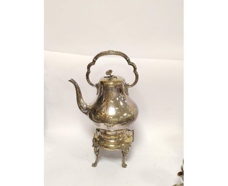 Victorian plated tea kettle of pear shape, on stand with lamp. C1880.
