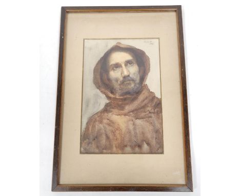 Mary Winfred Freeman (1866 - 1961) Characterful portrait of a friar in a brown habit. Watercolour. Initialled M.W.F. in penci