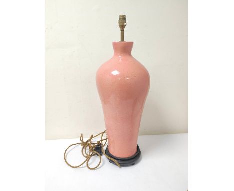 Antique Chinese pink crackle glaze pottery&nbsp; lamp, the baluster vase of large size, fixed to a hardwood stand, overall 56