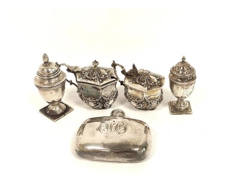 Pair of silver mustard pots of similar style, two vase pepperettes and a flask. 250g. 