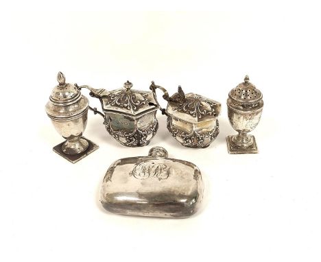 Pair of silver mustard pots of similar style, two vase pepperettes and a flask. 250g. 