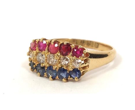 Three row diamond sapphire and ruby ring, in 18ct gold, 1909. 4.1g. Size 'M½' 