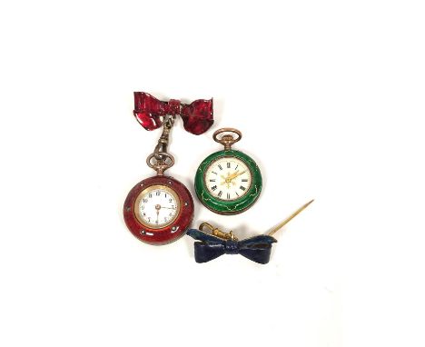 Two Geneva cylinder watches enamelled in wine, red and green, with a bow (3)Condition report:Both not working although balanc