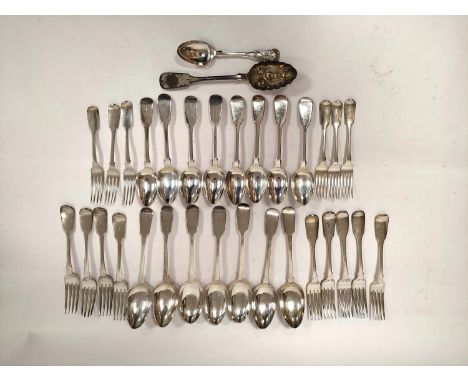 Quantity of silver flatware of fiddle pattern mostly 19th century, various assays including a York dessert fork and a 'berry'
