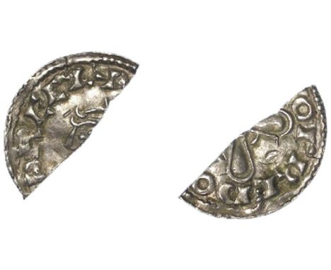 Harold I silver cut-halfpenny, Jewel Cross Issue, Spink 1163, obverse reads:- +[ ]D RECX, reverse reads:- [ ]OFRED O[ ], mint