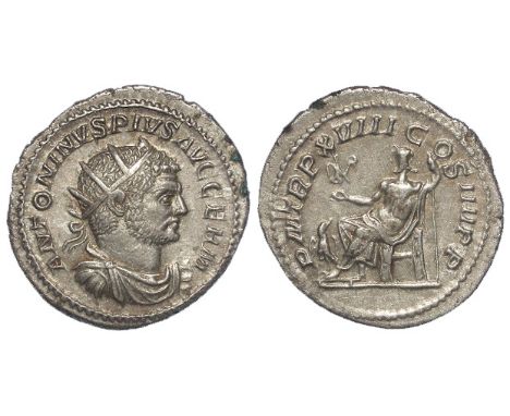 Caracalla silver antoninianus, Rome Mint 215 A.D., reverse reads:- PM TR P XVIII COS IIII P P., Jupiter seated left, holding 