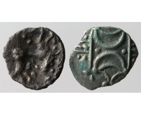 Celtic silver units of the Iceni, uninscribed issues, Two opposed crescents / Horse right, Spink 436, both with old tickets, 