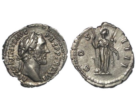 Antoninus Pius, silver denarius, Rome Mint 152-153, reverse reads:- COS IIII, Fortuna standing right, holding rudder set on g