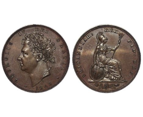 Farthing 1826 Bronzed Proof, S.3825, Peck 1423, nFDC, light hairline rev., with an old packet from the 'Farthing Specialist'.