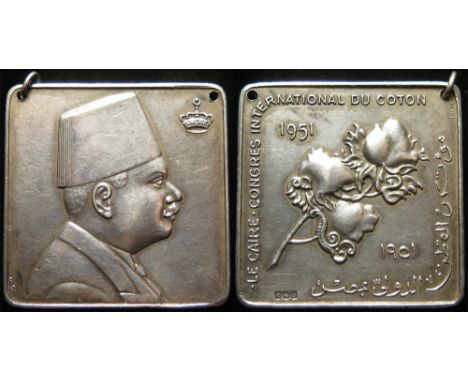 Egyptian silver medal (square) d.40.5mm: King Farouk r. / 'Le Claire Congres International du Coton 1951', VF with two holes 