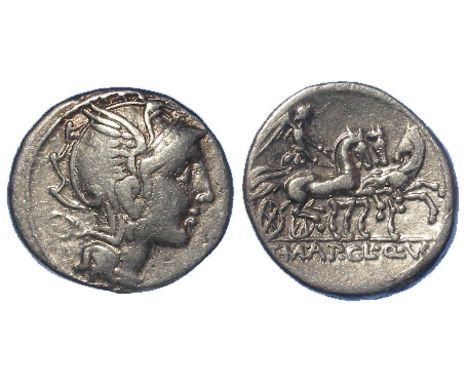 Roman Republican silver denarius of 111-110 B.C., Helmeted bust of Roma, right / Victory in Triga, note the three horse chari