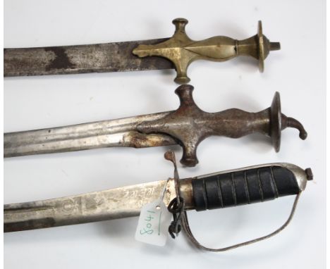 Swords: Indian all steel Tulwar and an Indian souvenir sword. No scabbard. Worn overall. (2)