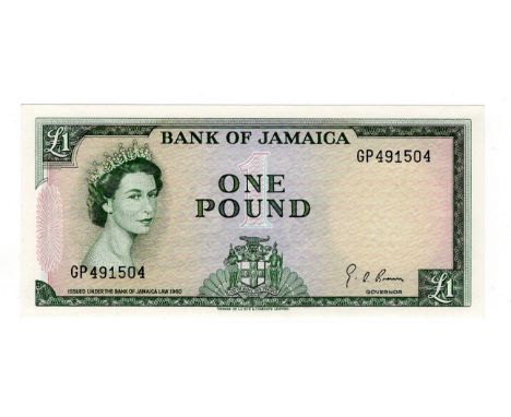 Jamaica £1 L.1960 (issued 1964) last series GP491504, QE2 portrait at left, signed G. A. Brown, Pick51Ce, UNC