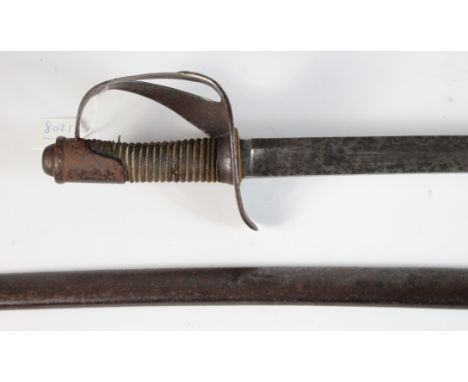 Sword: A German (?) heavy cavalry sword circa 1870. Heavy fullered curved blade 35". Ricasso marked S&K. Steel bowl with larg